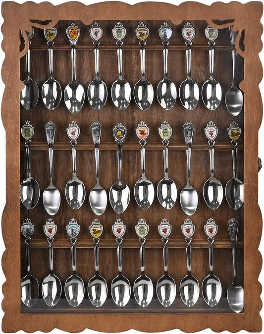 Wooden 30-Souvenir Spoon Display Case Cabinet, Wall-Mounted Tea Spoon Rack with Tempered Glass Suitable for Collection Display, 13.4W X 2.6D X 15.7H In