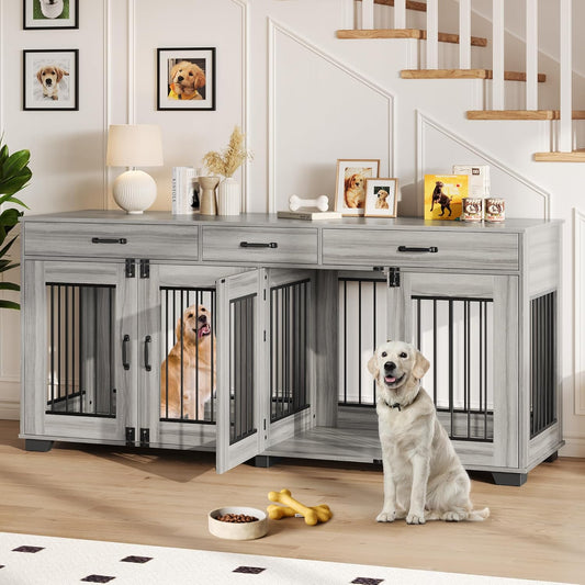 71 in Dog Crate Furniture for 2 Rooms, Wooden Double Crate Large Breed with Door, Dog Kennel Indoor, TV Stand End Table with Divider for Large Medium Dogs,Grey
