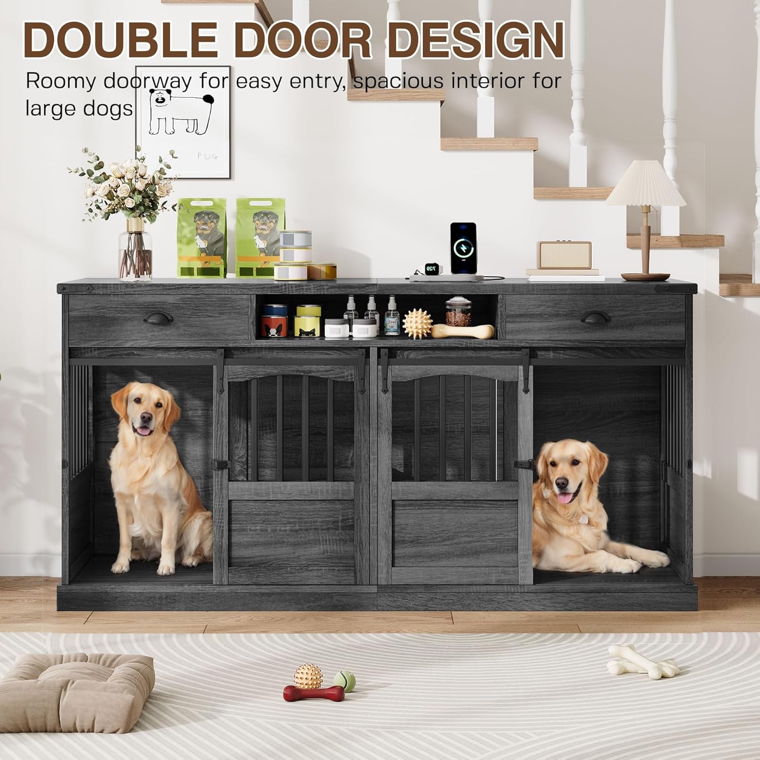72" Double Dog Crate Furniture with Storage for 2 Medium Large Dogs Farmhouse Wooden Dog Kennel Furniture with 2 Sliding Doors Divider & Power Outlet Decorative Dog Cage TV Stand Grey