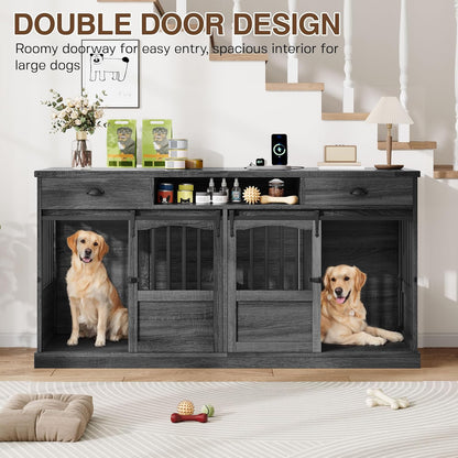 72" Double Dog Crate Furniture with Storage for 2 Medium Large Dogs Farmhouse Wooden Dog Kennel Furniture with 2 Sliding Doors Divider & Power Outlet Decorative Dog Cage TV Stand Grey