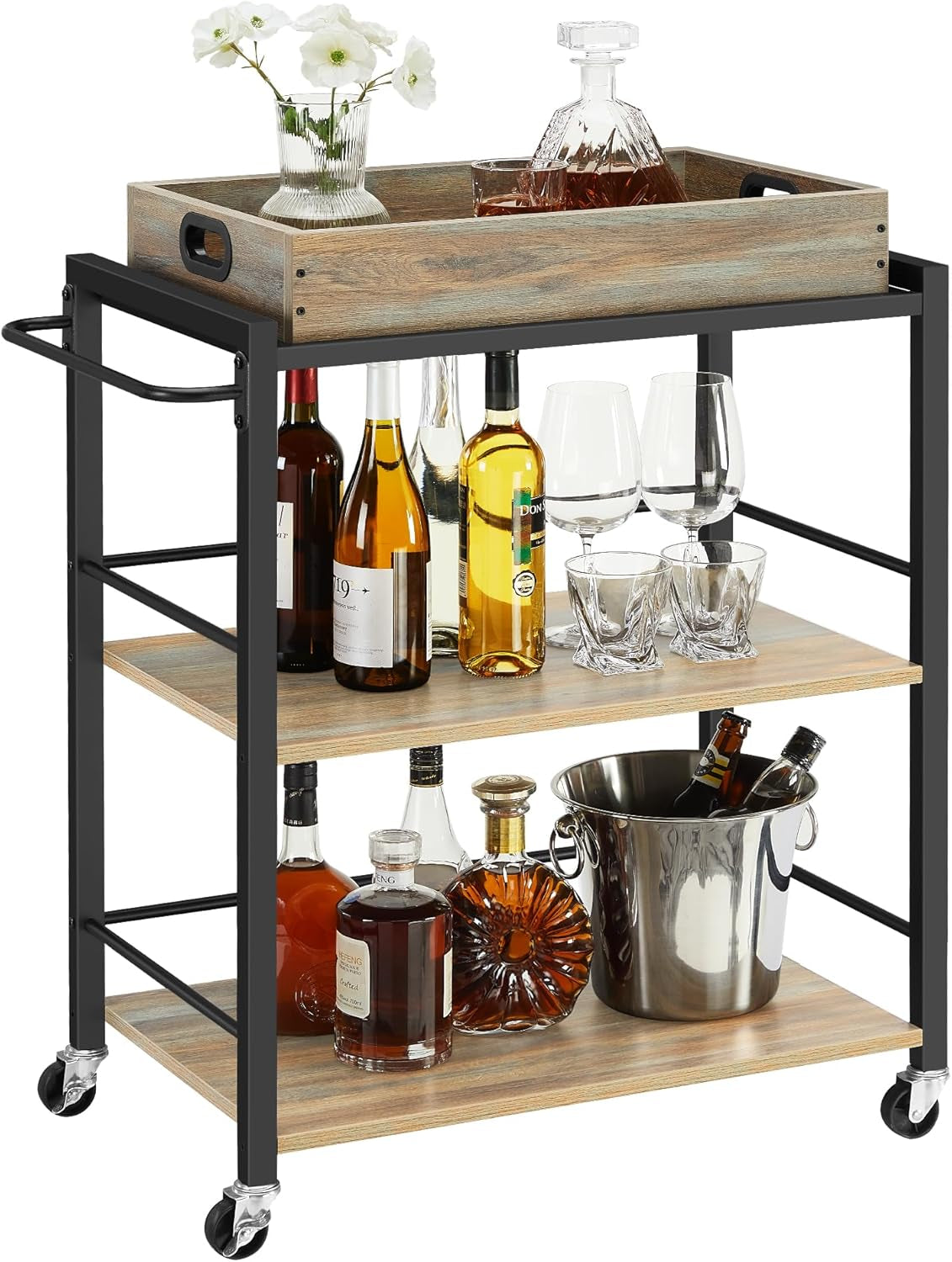 Kitchen Serving Cart with Removable Tray, 3-Tier Kitchen Utility Cart on Wheels with Storage, with Brakes, Leveling Feet, 15.7 X 28.3 X 33.9 Inches, Turquoise Brown and Ink Black ULRC072K60