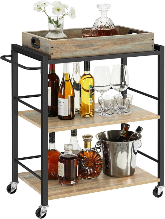 Kitchen Serving Cart with Removable Tray, 3-Tier Kitchen Utility Cart on Wheels with Storage, with Brakes, Leveling Feet, 15.7 X 28.3 X 33.9 Inches, Turquoise Brown and Ink Black ULRC072K60