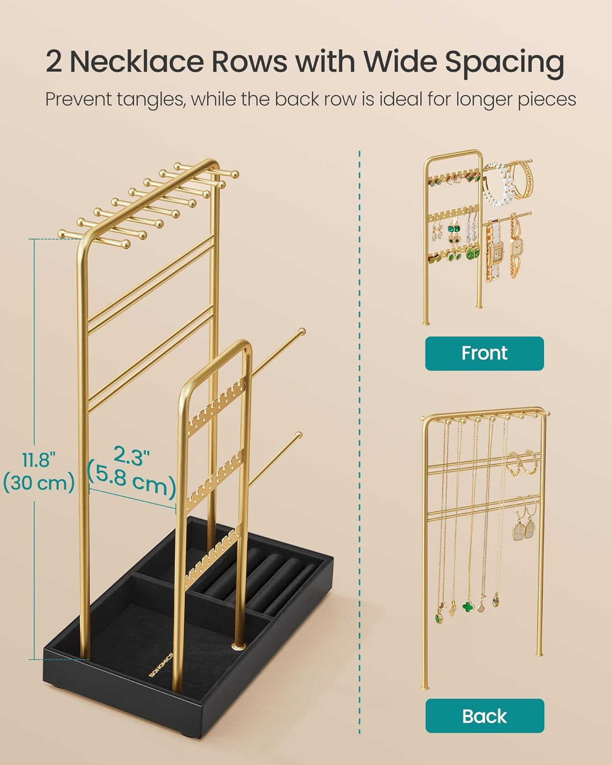 Jewelry Holder, Jewelry Organizer Display Stand with Metal Frame, Velvet Tray, Necklace Earring Bracelet Holder, for Studs, Rings, Gift Idea, Pale Gold and Ink Black UJJS021AB02