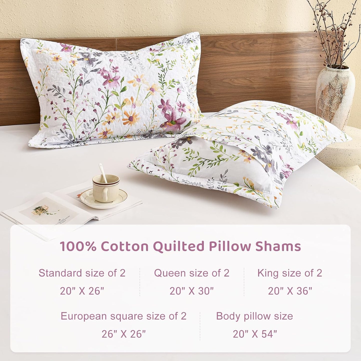 Cotton King Size Pillow Shams Set of 2 (20"X36"), Flowers Printed Pillow Covers Soft Breathable Envelope Closure Quilted Bed Pillows