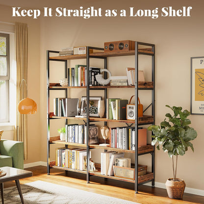 5 Tier Bookshelf, Display Bookshelf with 10 Open Shelves and Raised Baffle, 47.2 Inch Straight Wide Bookcase with Metal Frame and Wooden Board, Adjustable Feet, Rustic Brown