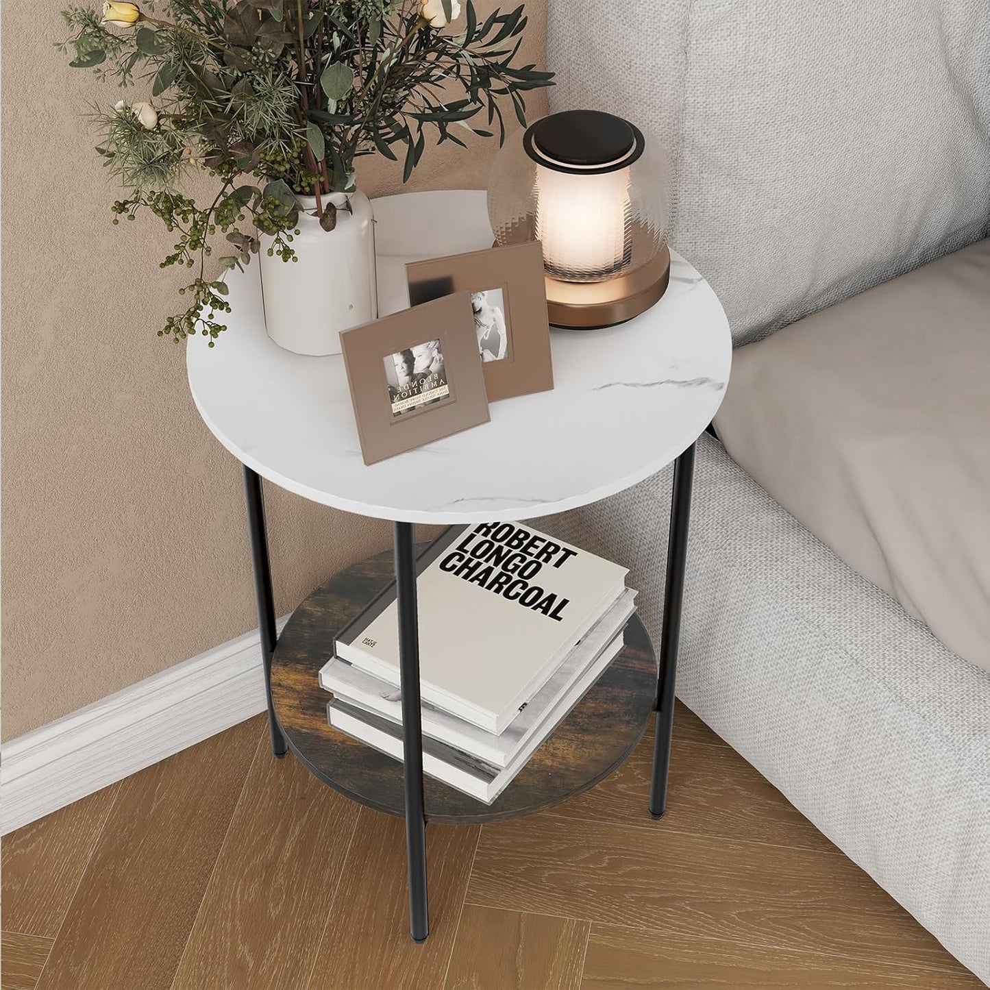 End Tables Living Room - Sturdy Sidetable with Metal Frame, Modern Small Sofa & Bedside Table,Multi-Functional round Coffee Table for Bedroom, Balcony, Sofa, Gym,Office