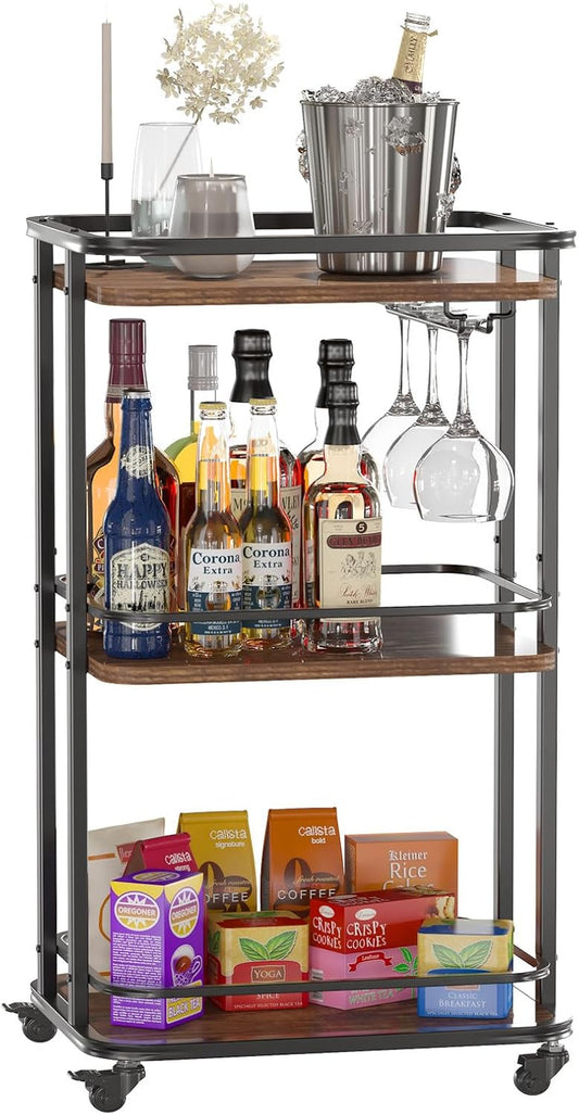3-Tier Home Bar Serving Cart,Kitchen Storage Carts with Wheels,11.79X15.72X33.01 Inches,Rolling Mini Bar Cart for Home, Outdoor, Kitchen, Bedroom TMJ319H