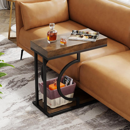 Narrow Side Table Brown Black C Shaped End Table Modern Bedside Tables for Couch, Small Sofa Tables with Metal Frame for Living Room (1, Brown+Black)