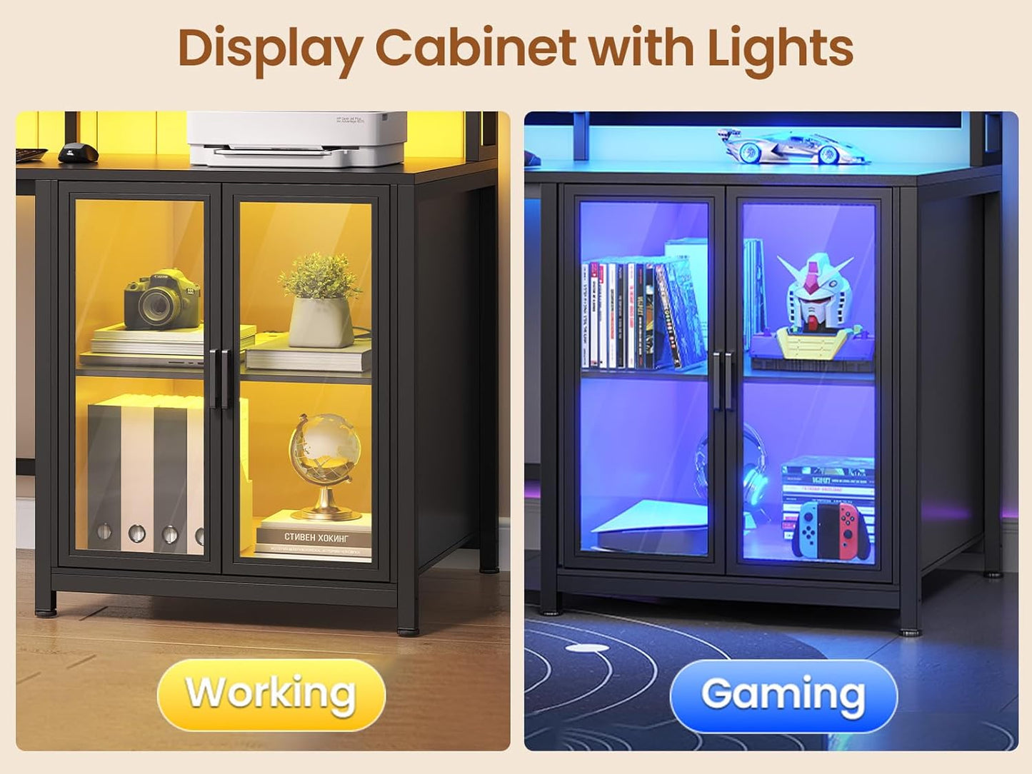 L Shaped Gaming Desk with 4 Drawers, 109” Computer Desk with Display Cabinet, Home Office Desks with 2 Monitor Stands, CPU Stand, LED Lights and Power Outlet, Black