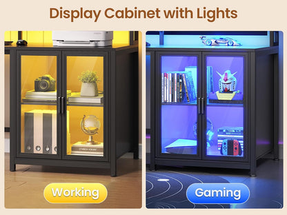L Shaped Gaming Desk with 4 Drawers, 109” Computer Desk with Display Cabinet, Home Office Desks with 2 Monitor Stands, CPU Stand, LED Lights and Power Outlet, Black