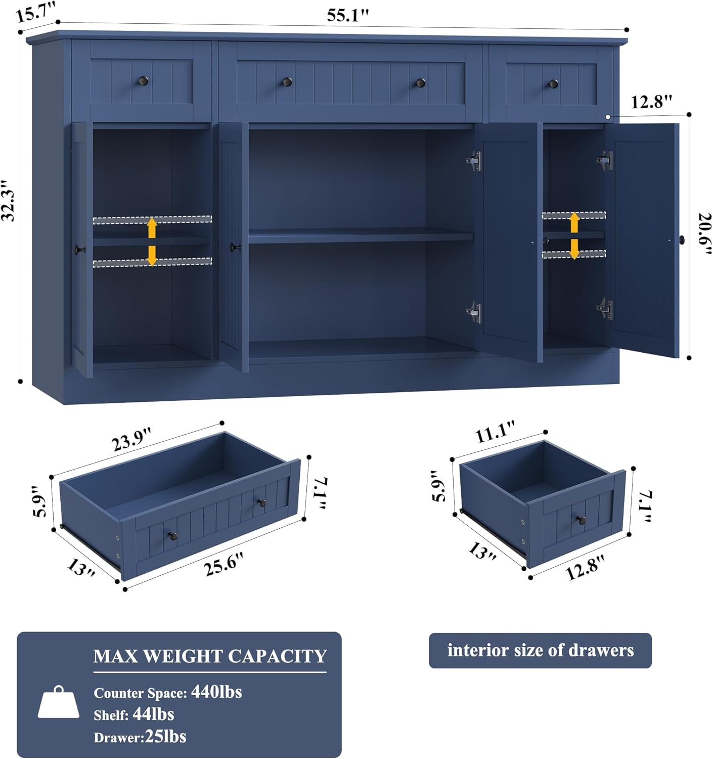 55" Sideboard Buffet Cabinet with Storage, Modern Kitchen Buffet Storage Cabinet with Drawers, Wood Coffee Bar with Adjustable Shelves, Large Sideboard for Kitchen, Living Room, Blue