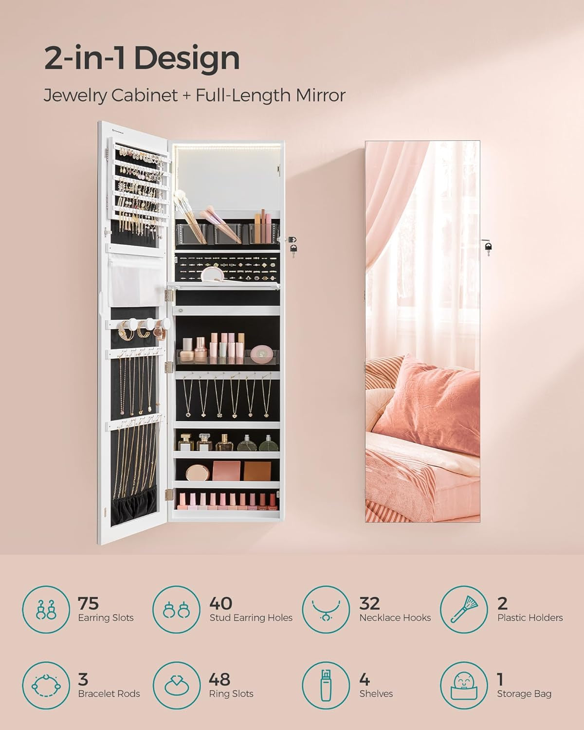 55 Inches Tall Spacious Jewelry Cabinet, Jewelry Armoire with Light-Up Interior Mirror, Wall or Door Mounted Jewelry Storage Organizer, Lockable, Gift Idea, Cloud White UJJC032W01
