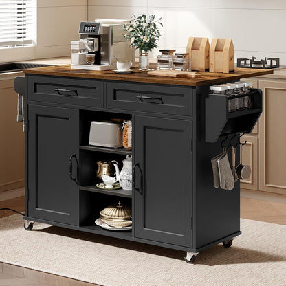 Kitchen Island with Power Outlets & Drop Leaf, Kitchen Cart with Storage, Drawer and Spice Rack, Tower Rack, Island Table, Black and Rustic Brown