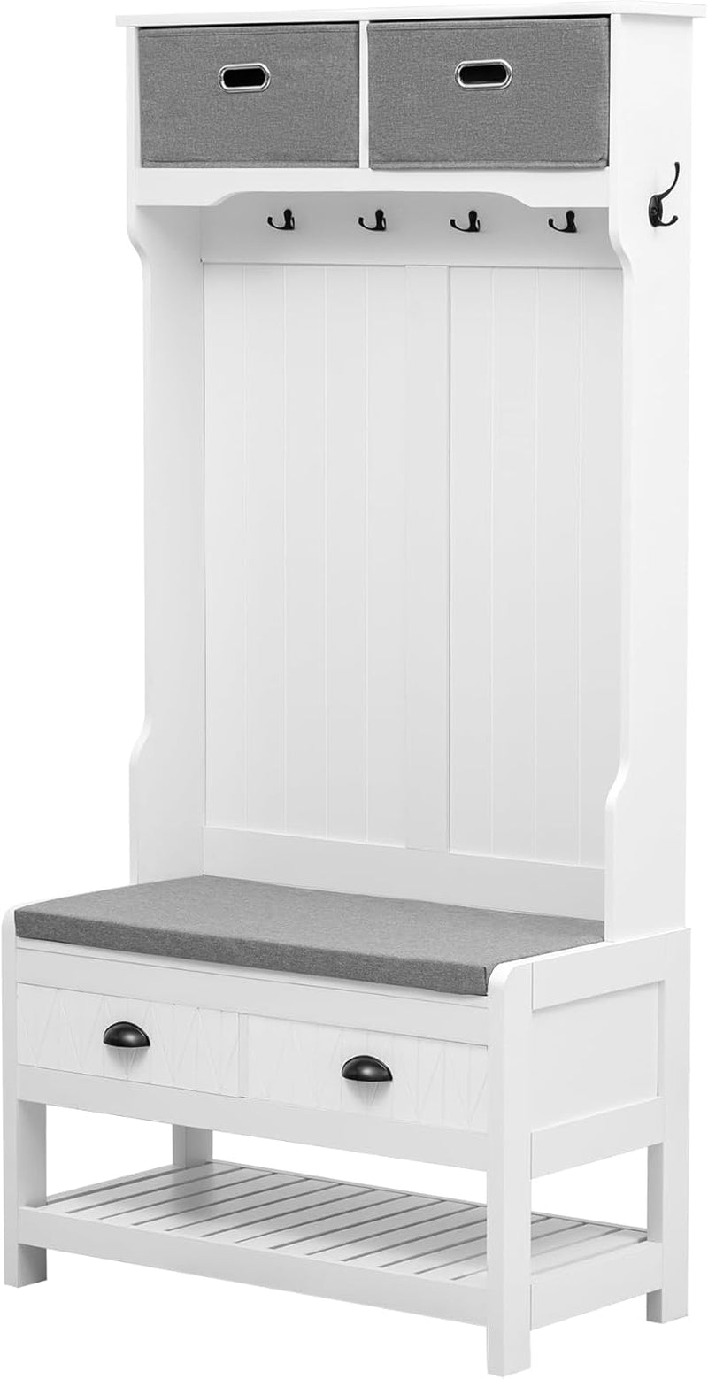 Wood Hall Tree with Shoe Storage Bench for Entryway, 4-In-1 Coat Rack with 6 Hooks, Cabinets and Shelves for Entrance, Hallway White
