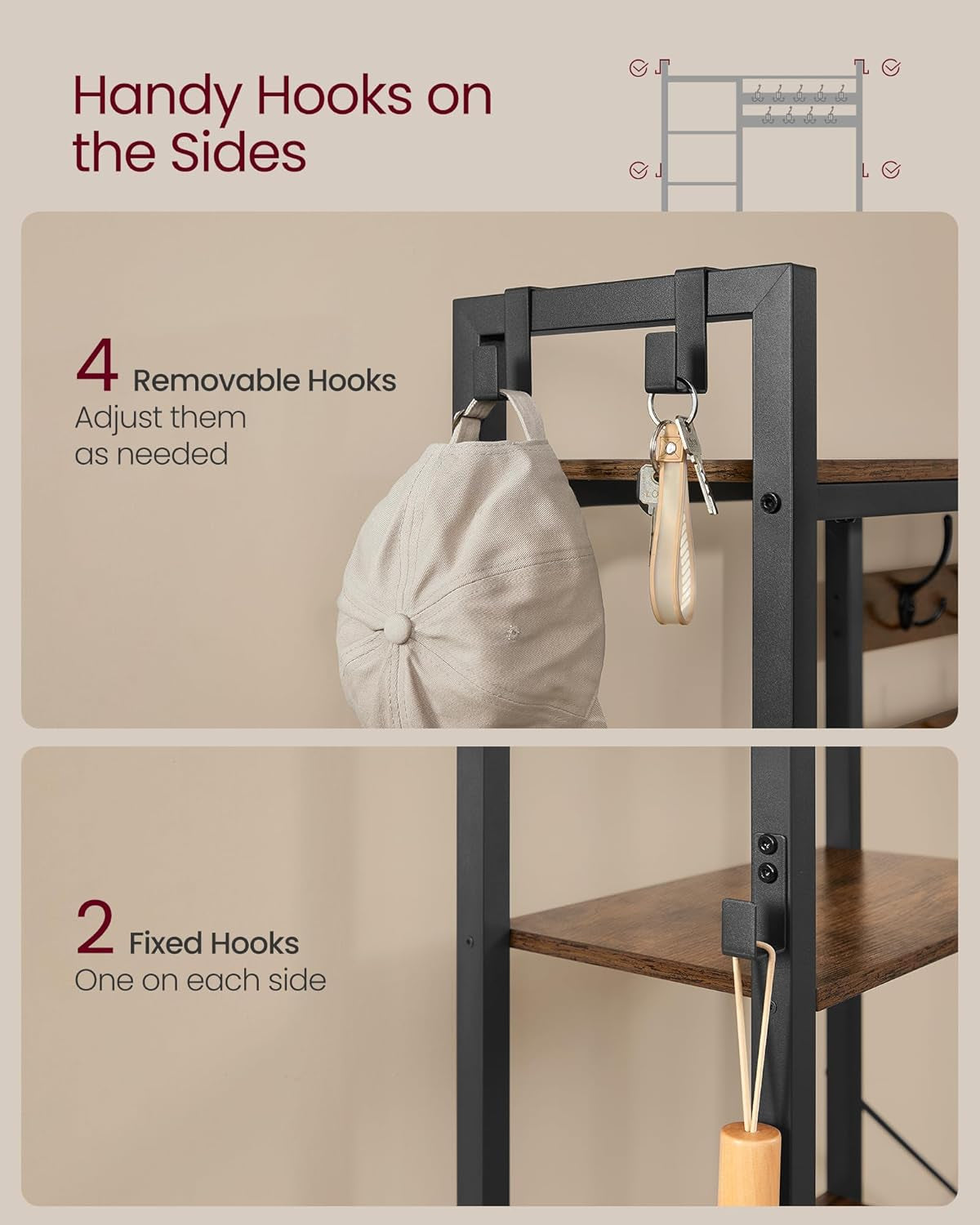 Hall Tree with Bench and Shoe Storage, Entryway Coat Rack with Shoe Bench, 5 Storage Shelves, 9 Coat Hooks, 6 Side Hooks, 15.7 X 47.2 X 74.8 Inches, Rustic Brown and Ink Black UHSR426B01