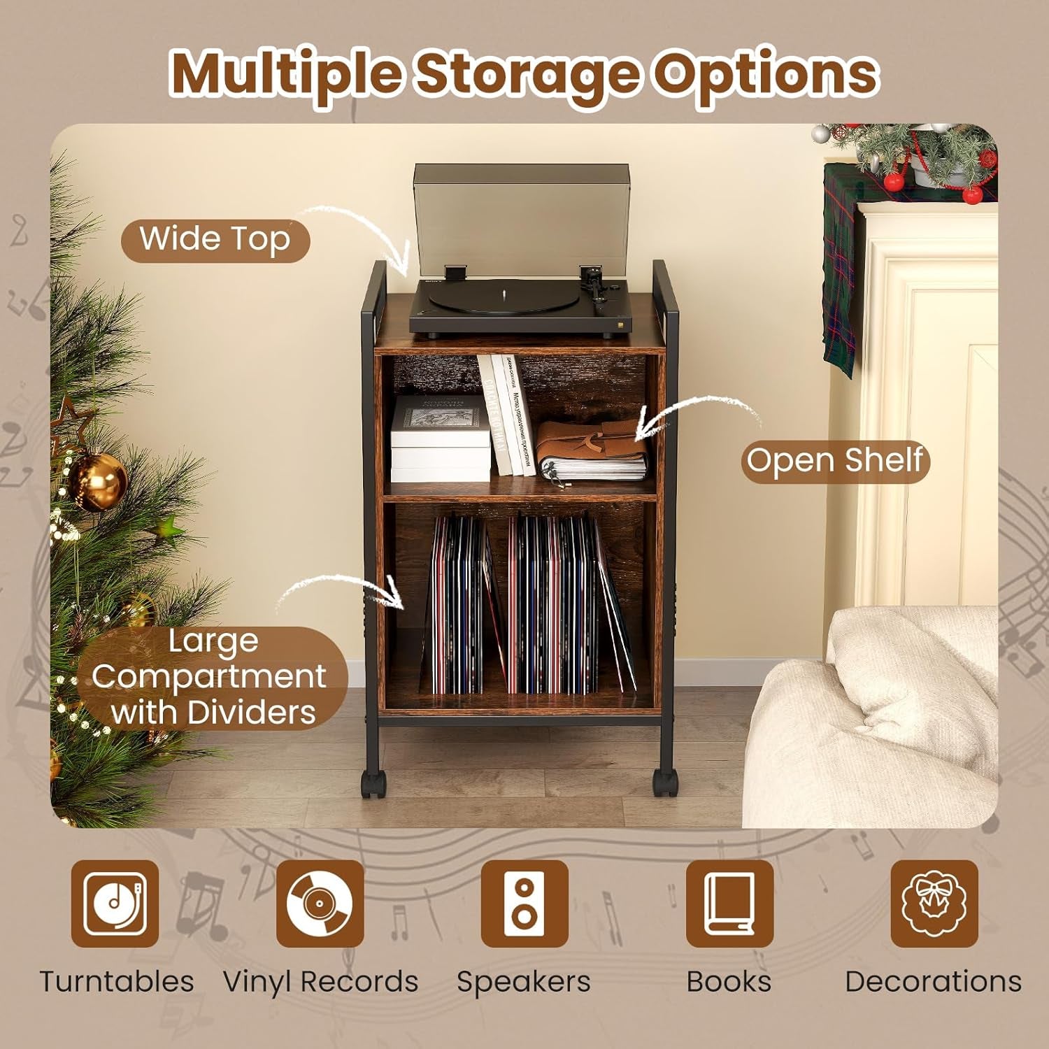 Record Player Stand with Charging Station, Mobile Turntable Stand with Record Storage & 4 Rolling Wheels, 3-Tier Vinyl Record Storage W/ Open Shelves & Dividers for Living Room, Rustic Brown