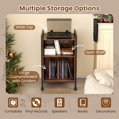 Record Player Stand with Charging Station, Mobile Turntable Stand with Record Storage & 4 Rolling Wheels, 3-Tier Vinyl Record Storage W/ Open Shelves & Dividers for Living Room, Rustic Brown