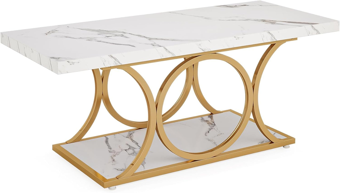 Rectangle Coffee Table, 46.45-Inch Modern Coffee Tables for Living Room, 2-Tier Faux Marble Wood Coffee Table with Geometric Legs, Furniture with Storage Shelf (White & Gold)