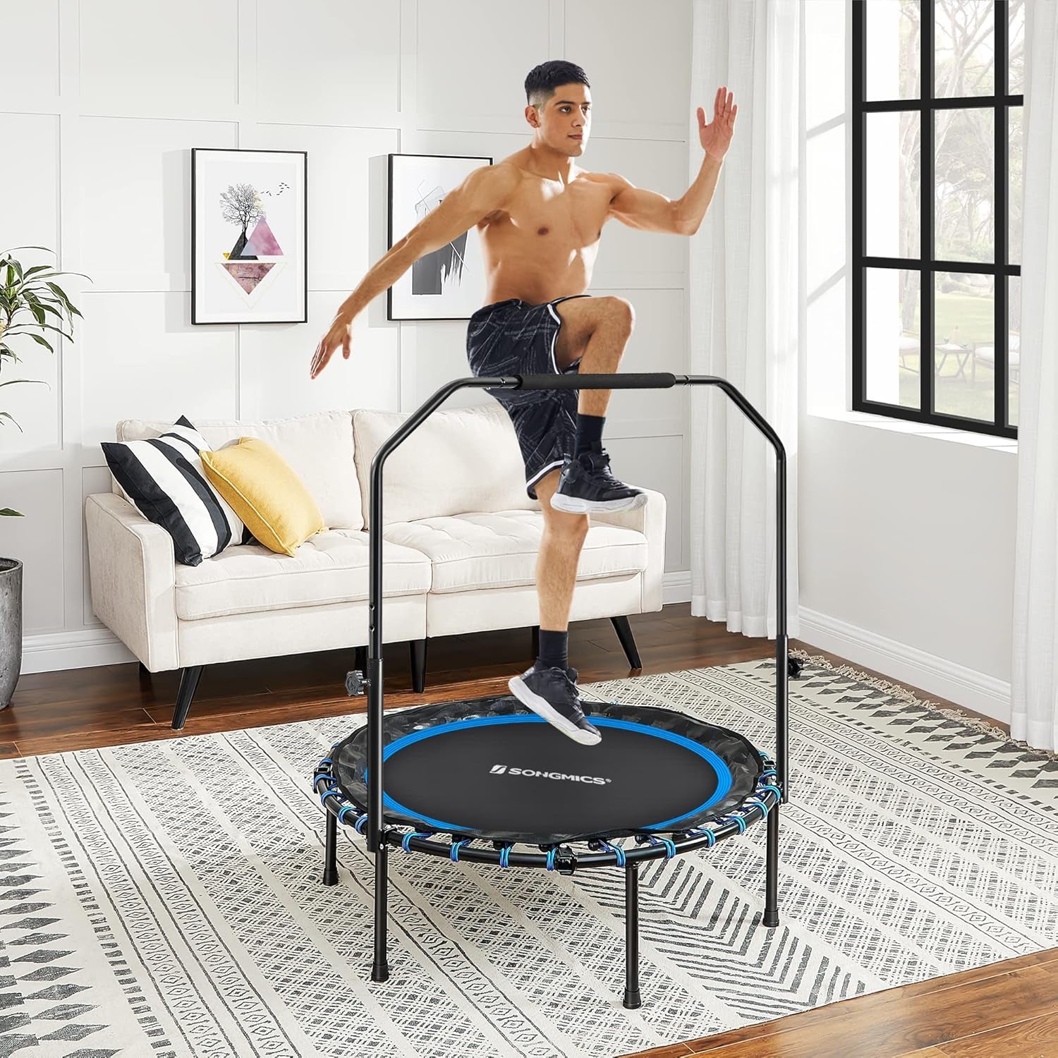 40 Inches Mini Fitness Trampoline, Fitness Rebounder with Adjustable Handrail, Foldable Trampoline for At-Home Workout, Max. Load 264.6 Lb