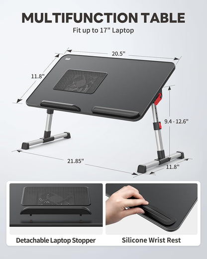 Laptop Desk for Bed with Cooling Fan,  Height & Angle Adjustable Laptop Stand for Bed, Lap Desk Tray Table, Lightweight Foldable Portable Computer Table for Couch Sofa Chair Floor Desk (Black)