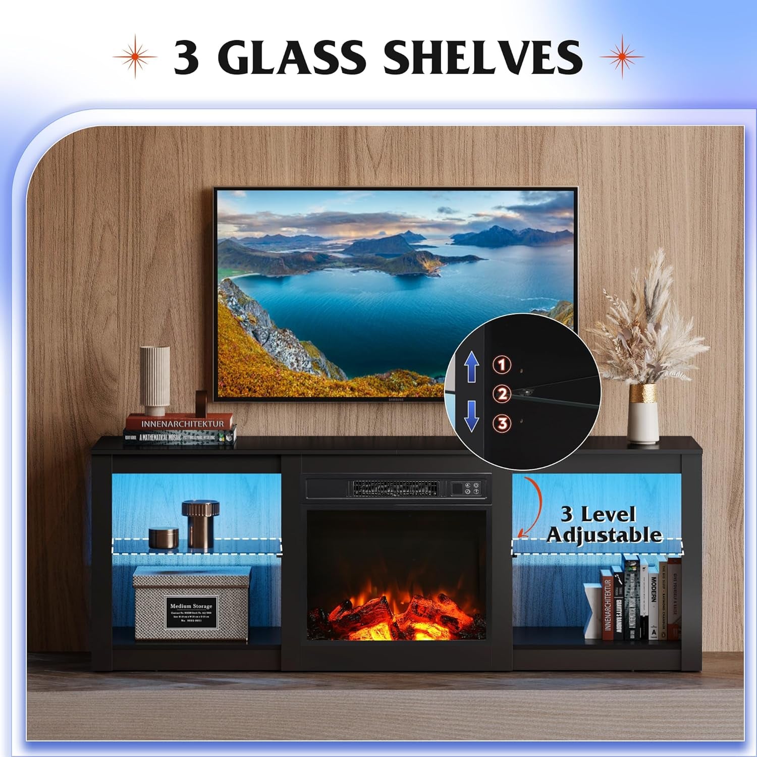 Fireplace TV Stand for up to 65 Inch Tvs, Modern LED Entertainment Center with Electric Fireplace Heater & Adjustable Glass Shelves, Sturdy Media Console for Living Room, Bedroom,Gaming (Black)