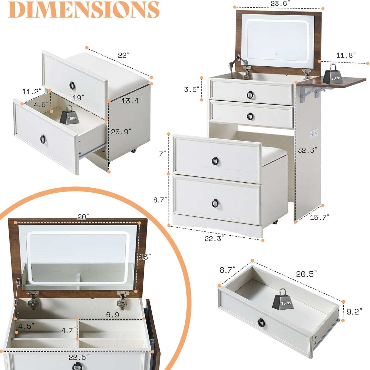 Makeup Vanity Desk with Mirror and Lights, Compact Vanity with Hidden Chair & Charging Station, 3 in 1 Space-Saving Vanity Table for Girls, Small Bedroom & Apartments, White & Barnwood