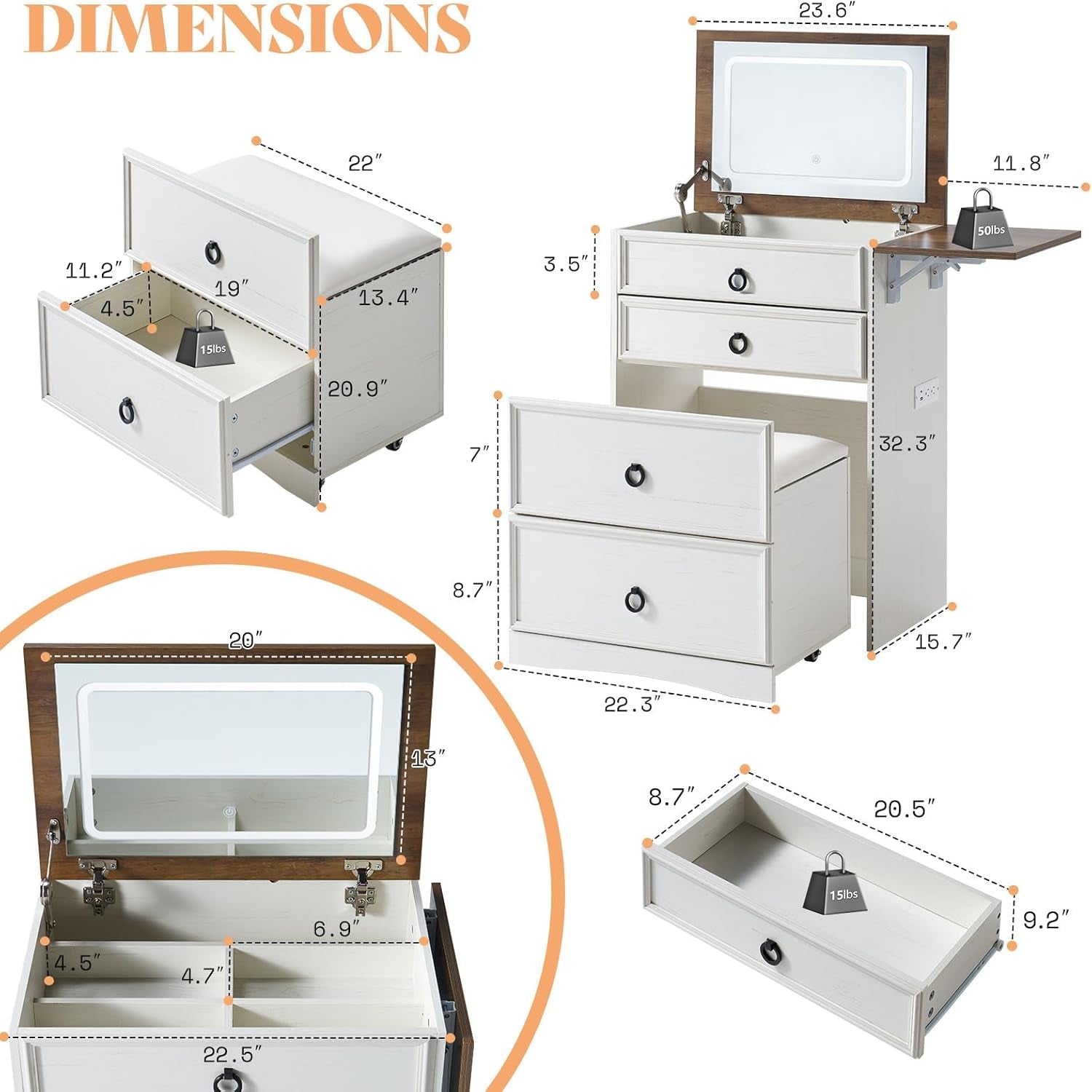 Makeup Vanity Desk with Mirror and Lights, Compact Vanity with Hidden Chair & Charging Station, 3 in 1 Space-Saving Vanity Table for Girls, Small Bedroom & Apartments, White & Barnwood