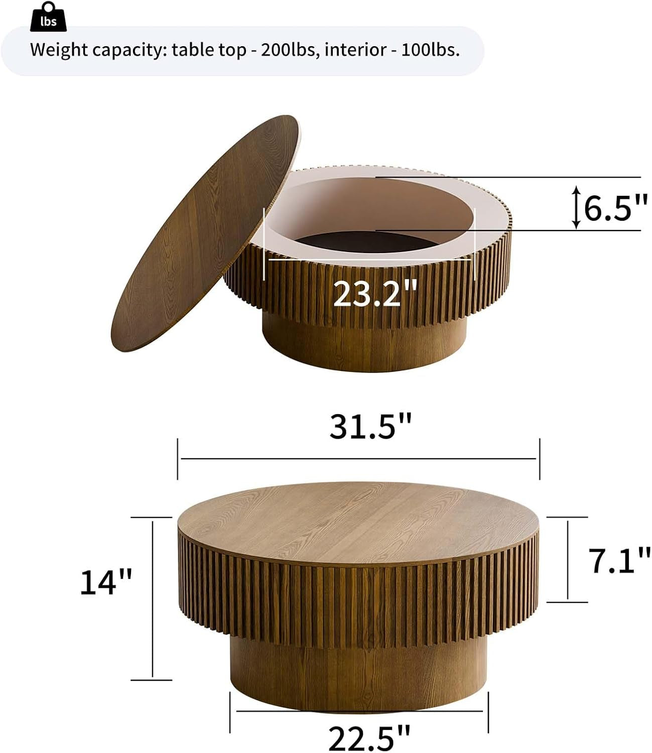 Round Coffee Table with Storage, Modern Wooden Coffee Table with Solid Wood Veneered, Circle Center Table Accent Tea Table for Living Room Apartment Small Space (31.5''L × 31.5''W × 14''H, Brown)