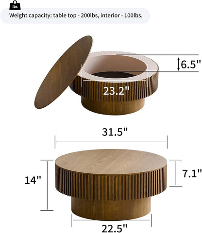 Round Coffee Table with Storage, Modern Wooden Coffee Table with Solid Wood Veneered, Circle Center Table Accent Tea Table for Living Room Apartment Small Space (31.5''L × 31.5''W × 14''H, Brown)
