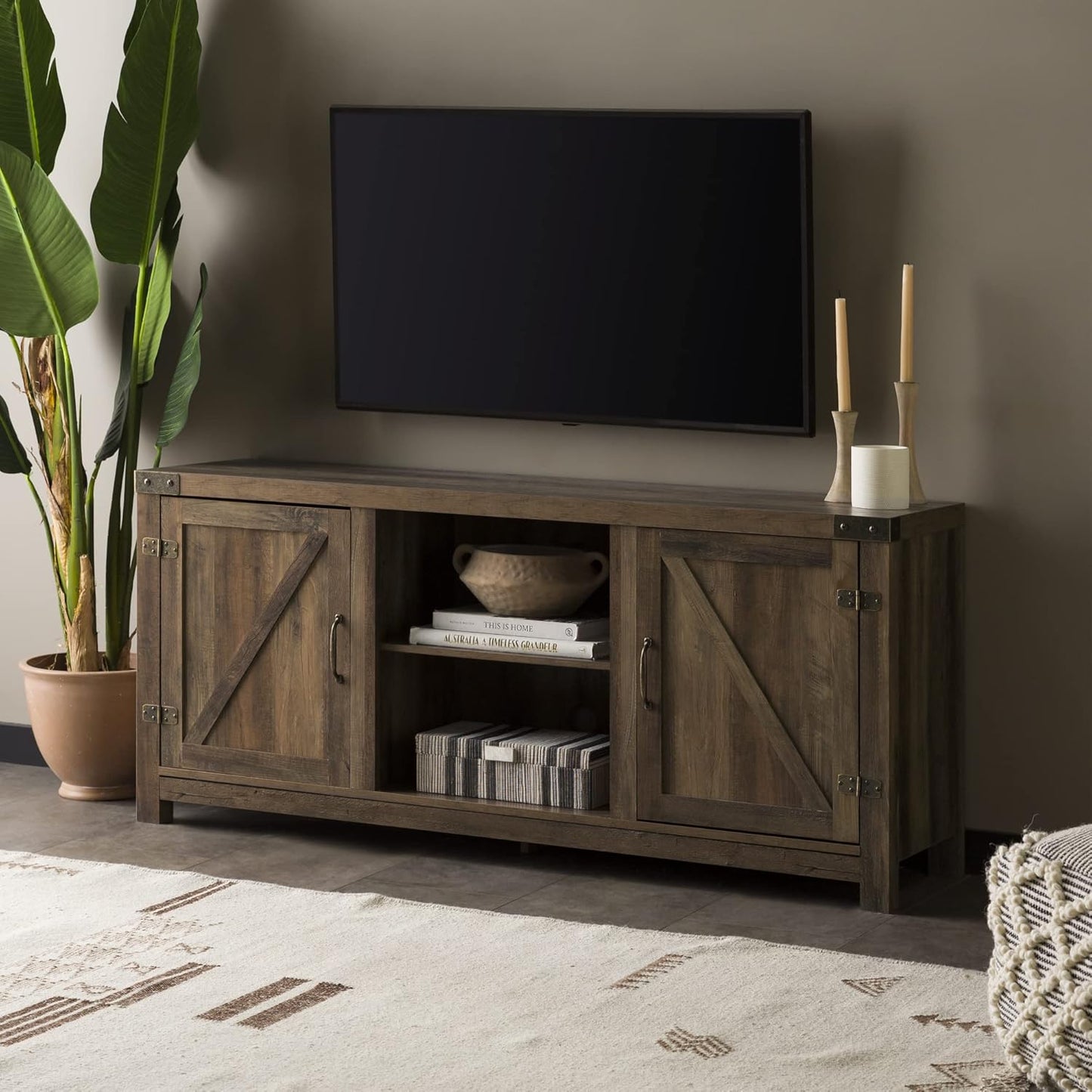 Georgetown Modern Farmhouse Double Barn Door TV Stand for Tvs up to 65 Inches, 58 Inch, Rustic Oak