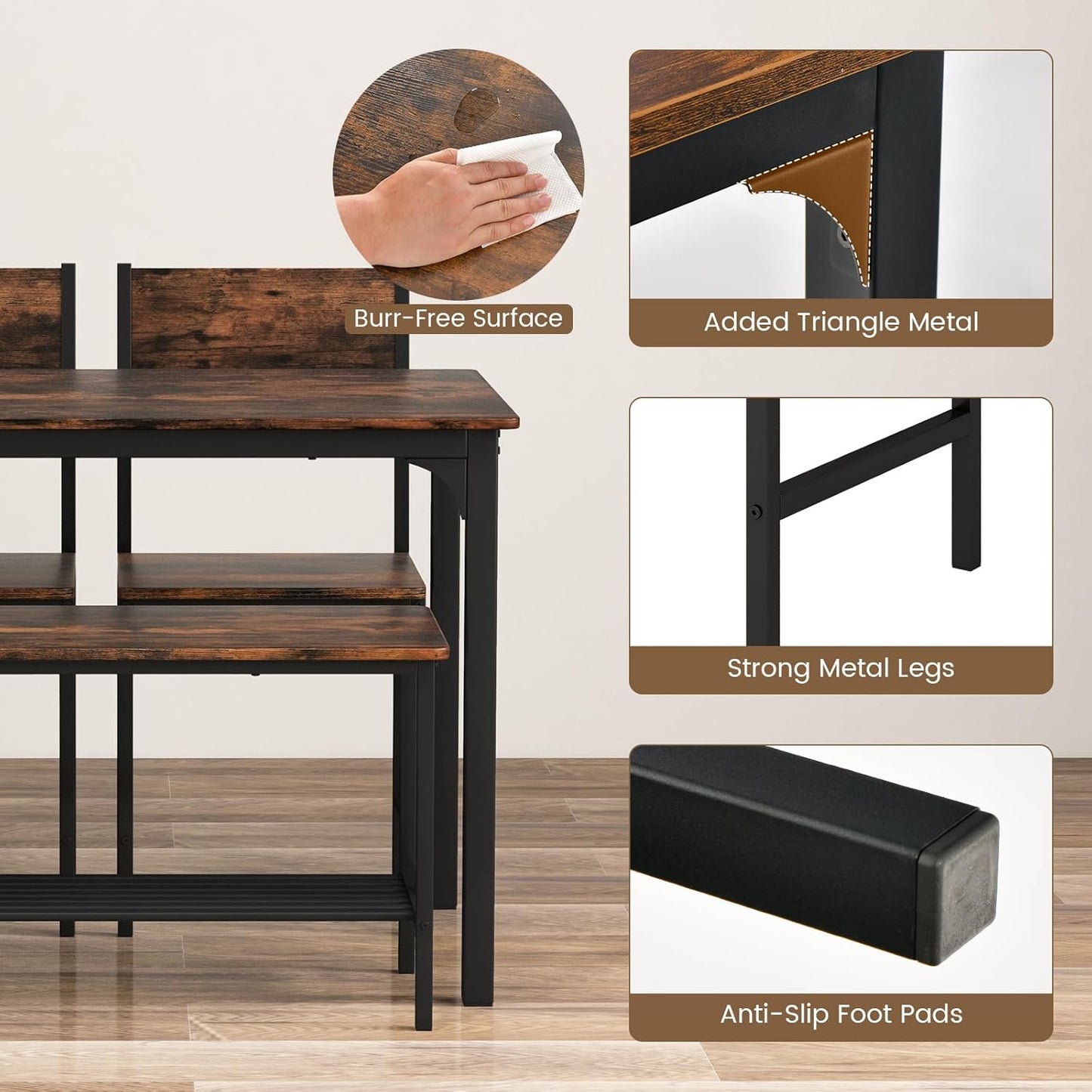 Dining Table Set for 4, Kitchen Table and 2 Chairs for 4 with Bench, 4 Piece Dining Table Set for Small Space, Apartment