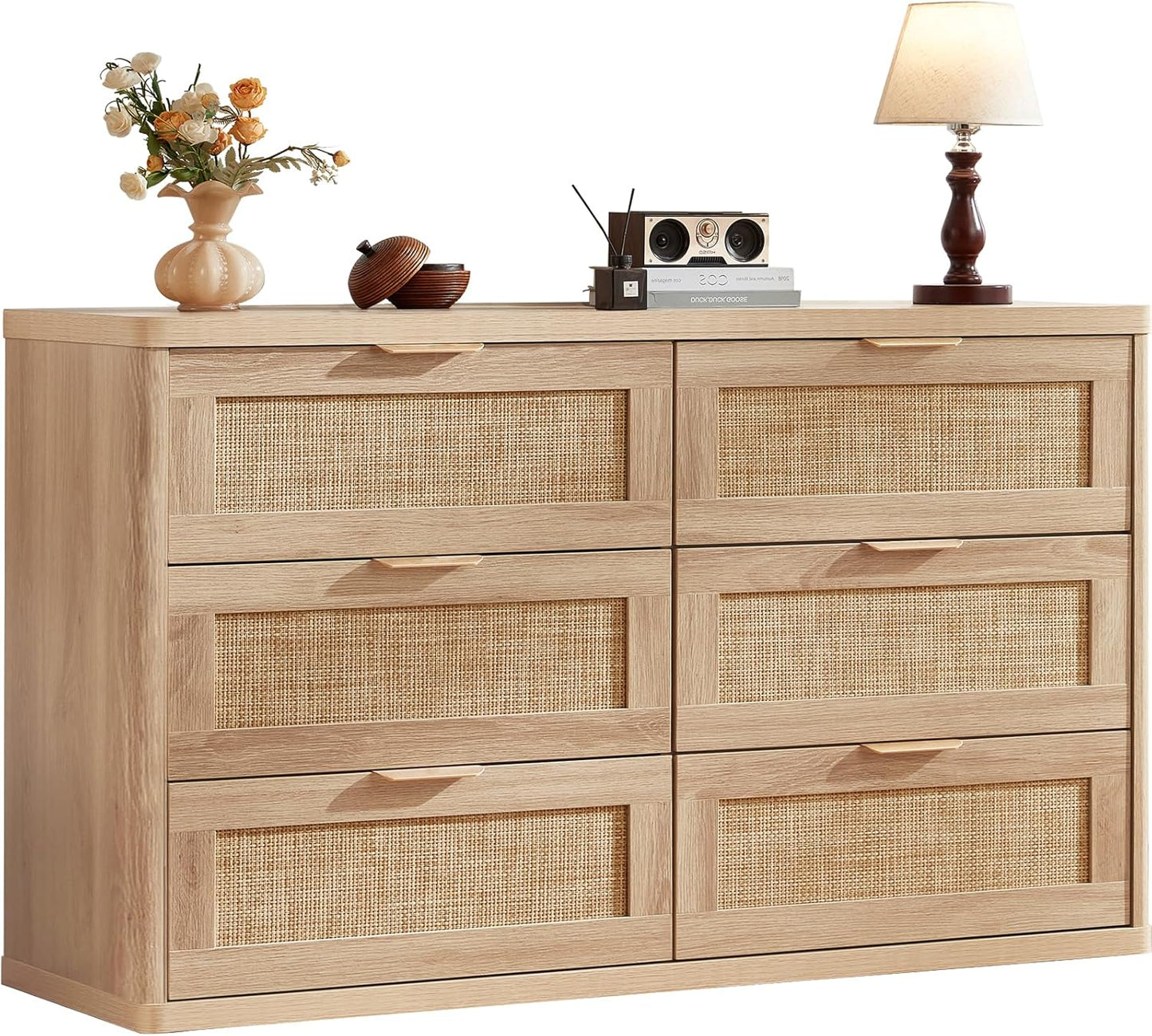 Rattan 6 Drawer Dresser for Bedroom, Boho 54" Wide Natural Wood Dresser Chest of Drawers, Dressers TV Stand with Metal Handle, Storage Dressers Closet Organizer for Living Room, Hallway