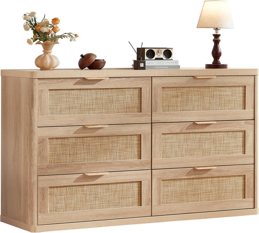 Rattan 6 Drawer Dresser for Bedroom, Boho 54" Wide Natural Wood Dresser Chest of Drawers, Dressers TV Stand with Metal Handle, Storage Dressers Closet Organizer for Living Room, Hallway