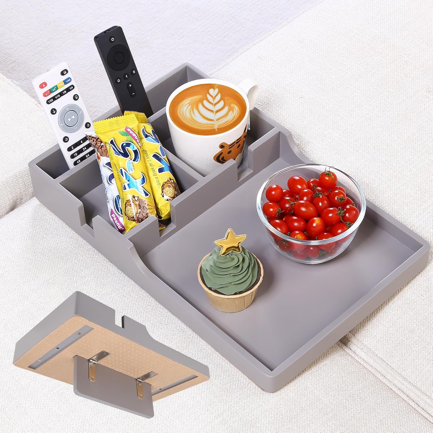 Couch Tray Insert for Middle,Bamboo 15.3″X9.8″ Sofa 2 Cups Holder Table between Couch Cushions,Fit Armless Couch/Sectional, 2-In-1 Fold-Flat Tray for Drink Snack Remote Holder
