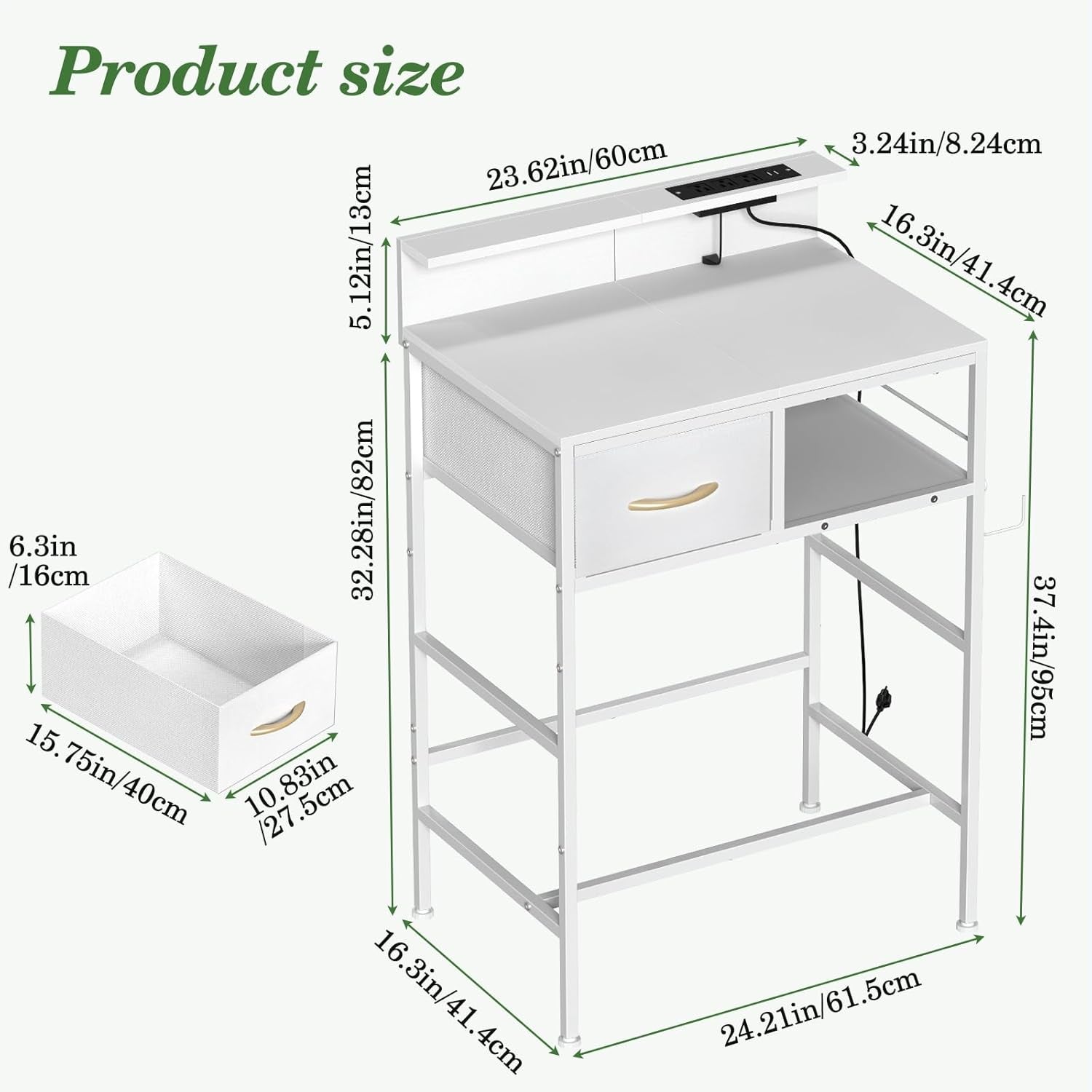 Small Vanity Desk No Mirror, 23.6 Inch Makeup Vanity Table with Fabric Drawers Power Outlet, Compact Makeup Desk for Girls Bedroom and Small Space, White