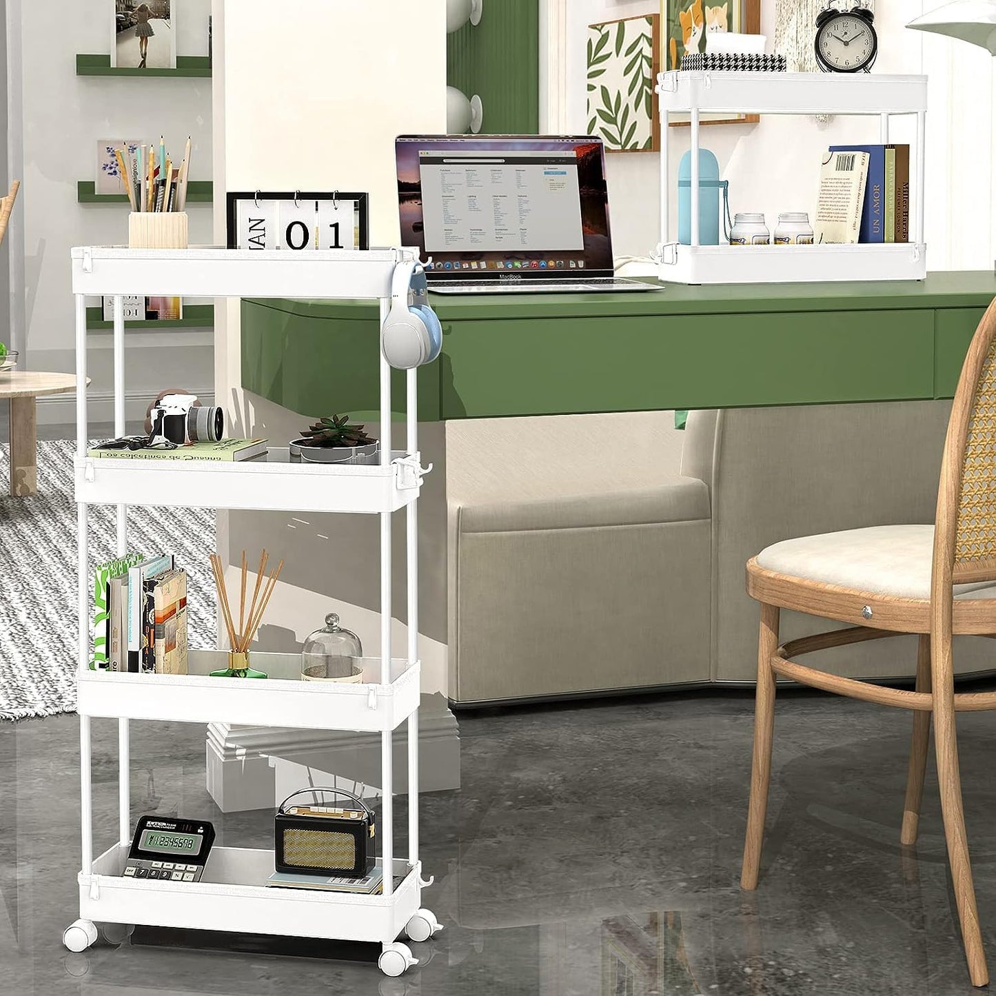 Slim Rolling Storage Cart 4 Tier Bathroom Organizer Mobile Shelving Unit Utility Cart Tower Rack for Kitchen Laundry Narrow Places, White