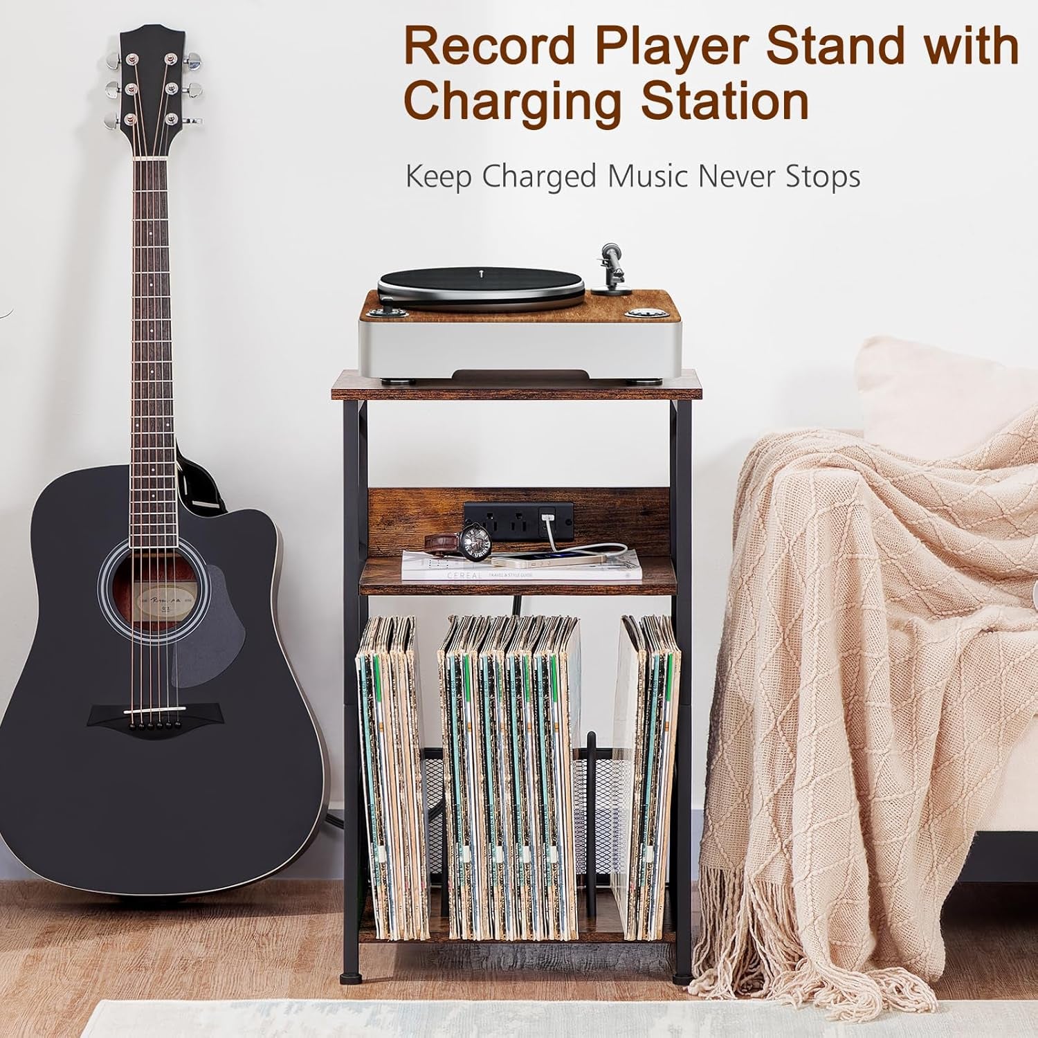 Record Player Stand with Charging Station, Turntable Stand with Storage Cabinet, 3 Tier End Table Hold up to 100 Albums, Record Table for Vinyl, Living Room, Rustic Brown, HETCD01BR-1