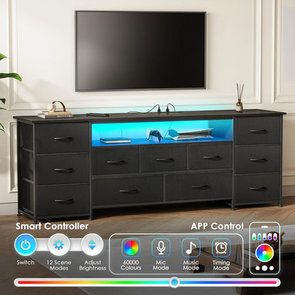63 Inch TV Stand for 65, 70 Inch TV, 11 Drawer Long Dresser with Power Outlets and LED Lights, Entertainment Center with Storage, Black Dresser with PU Leather Surface