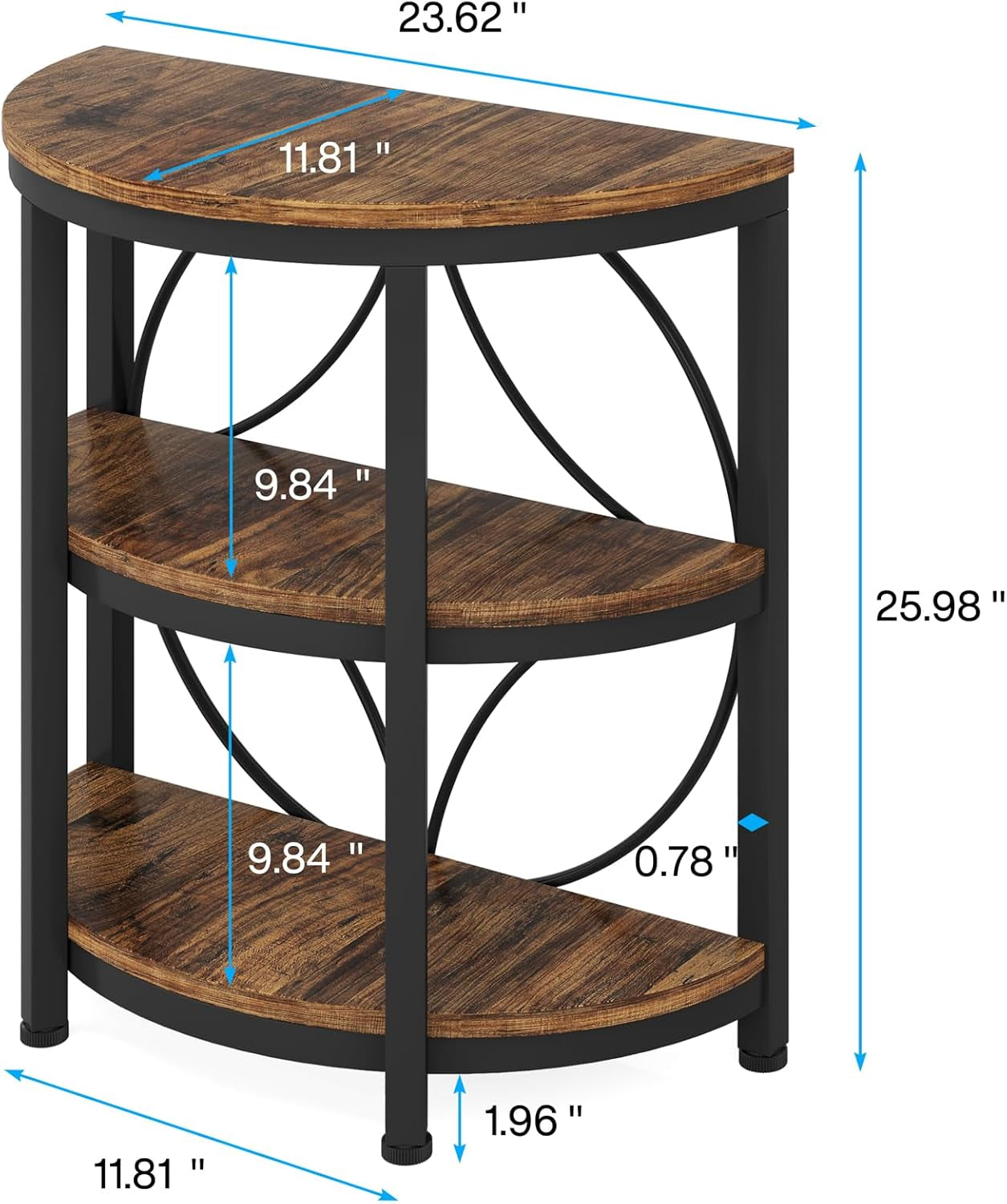 Half round End Table for Living Room, 3-Tier Half Side Table with Metal Frame, Industrial Half Moon Table with Storage Shelves, Half Circle Accent Table for Entryway, Bedroom, Rustic Brown