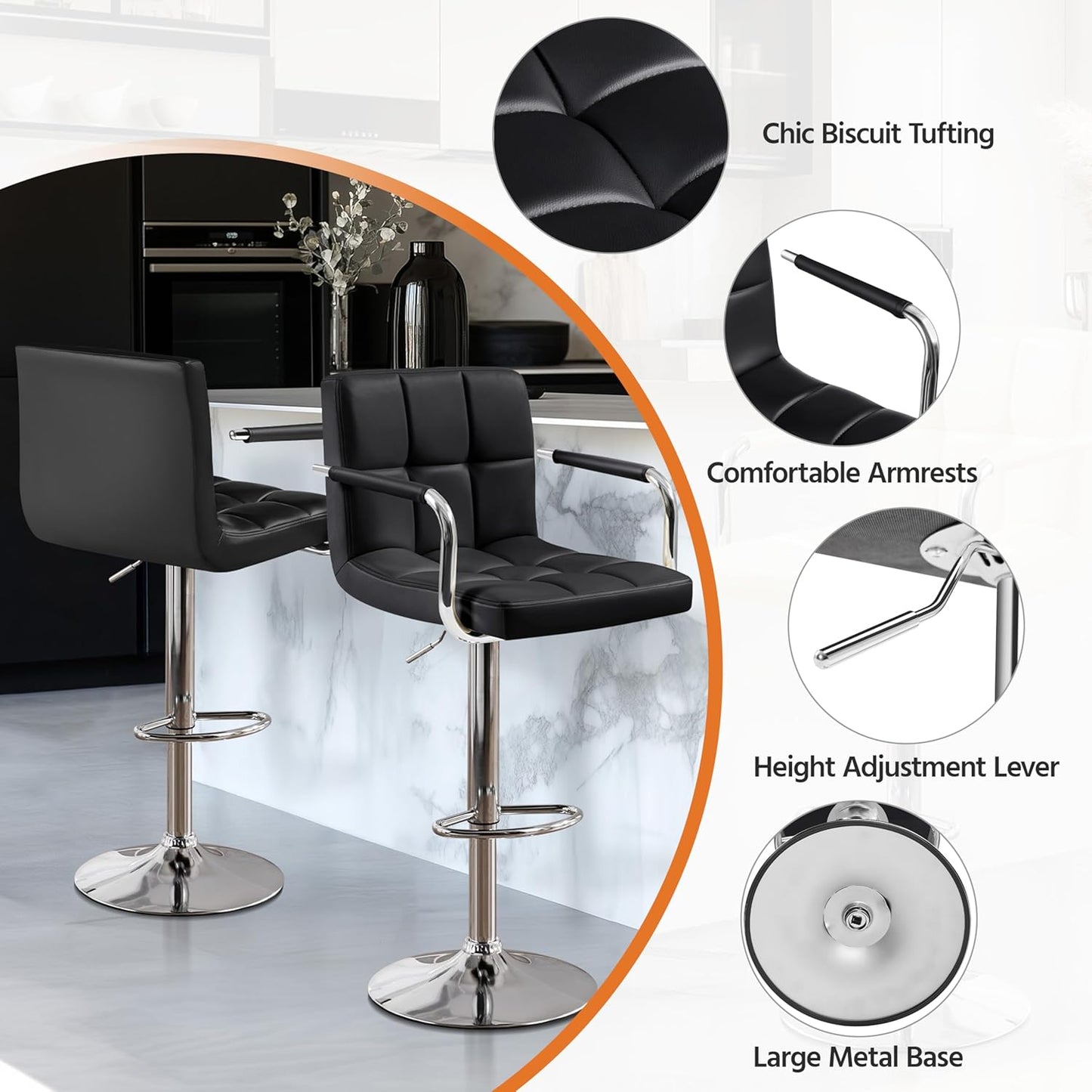 Bar Stools Set of 2, PU Leather Adjustable Swivel Barstools, Hydraulic Kitchen Counter Height Bar Chairs with Armrest and Back for Kitchen, Dining Room, Black