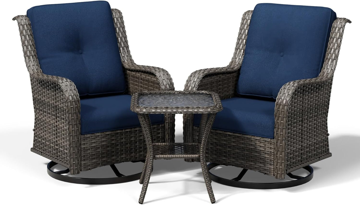 3 Piece Wicker Patio Furniture Set, Outdoor Swivel Rocker Patio Chairs with High Back, Deep Seating, Wide Armrest, Thickened Cushions, Outdoor Furniture for Deck, Porch Use