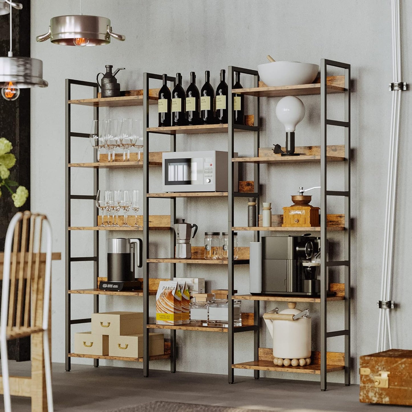 Bookshelf, Bookshelves and Bookcases, 5 Tiers Bookshelf with Baffles, Large Book Shelf with Metal Shelving, Triple Wide Shelves for Living Room, Home Office