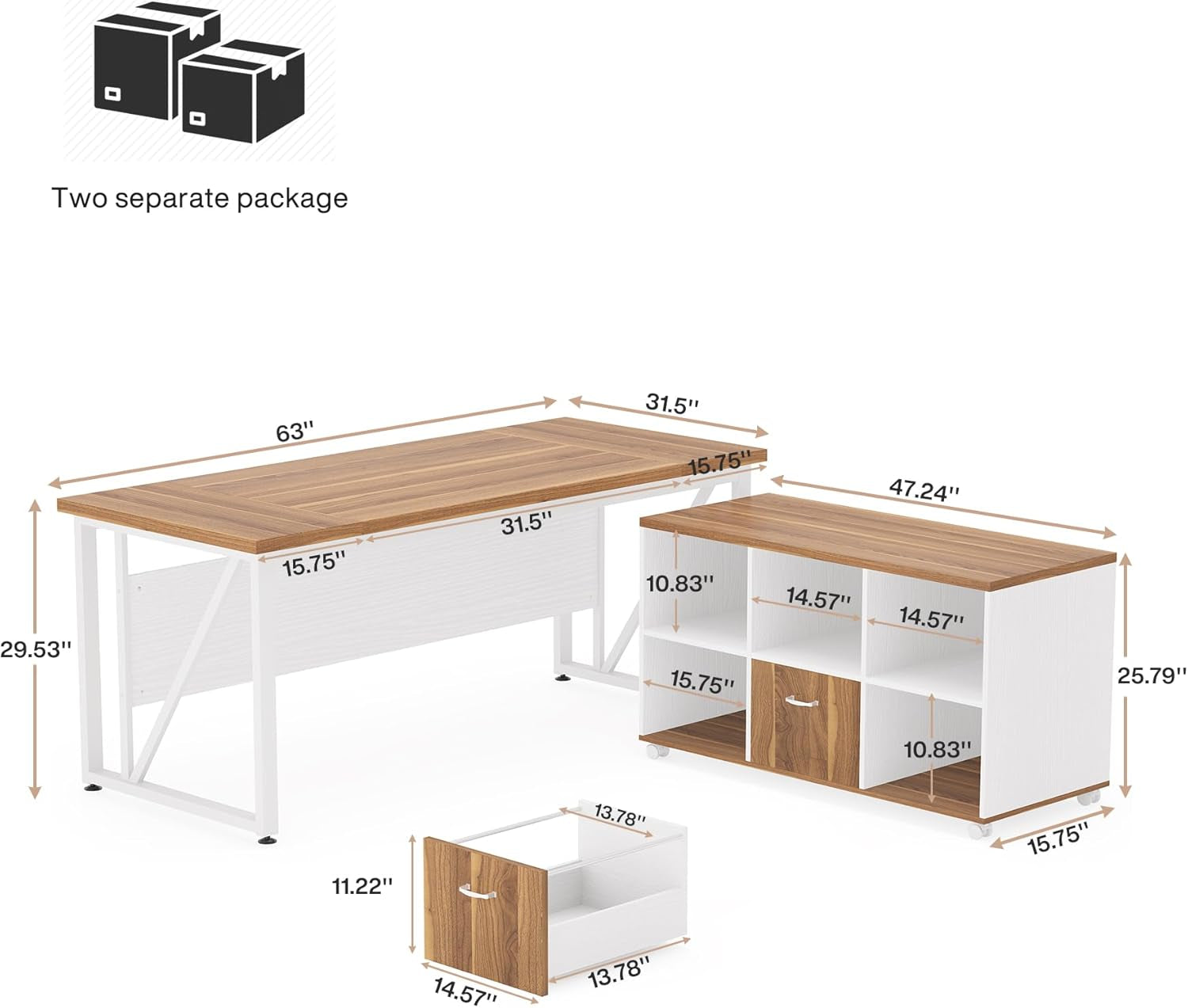 63-Inch Executive Computer Desk with 47-Inch Lateral File Cabinet, Large Workstation Business Furniture, L Shaped Desk with Drawers and Storage Shelves for Home Office, Walnut & White