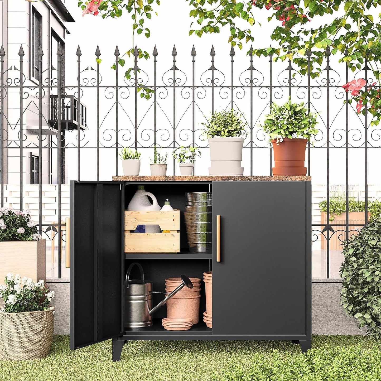 30" H Outdoor Storage Cabinet, Sideboard Buffet Cabinet, 2 Doors, Metal, Adjustable Shelf, Kitchen,Coffee Bar, Garden, Entryway, Table Cupboard,16" Dx 32" Wx30 H Black