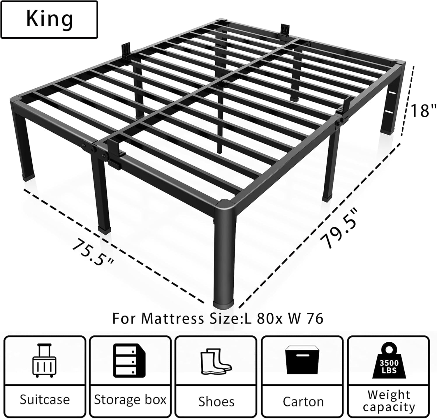 18 Inch King Bed Frame with Rounded Corner and Headboard Hole Mattress Retainers 3500LBS Metal Heavy Duty Steel Slats No Box Spring Needed Platform Noise-Free Easy Assembly