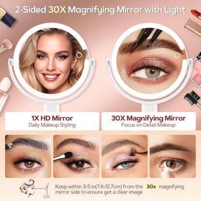 Makeup Mirror with Lights, Lighted Magnifying Mirror 30X with 3 Lighting and Adjustable Brightness, 2-Sided Height Adjustable Vanity Mirror for Bathroom, Gifts for Women White