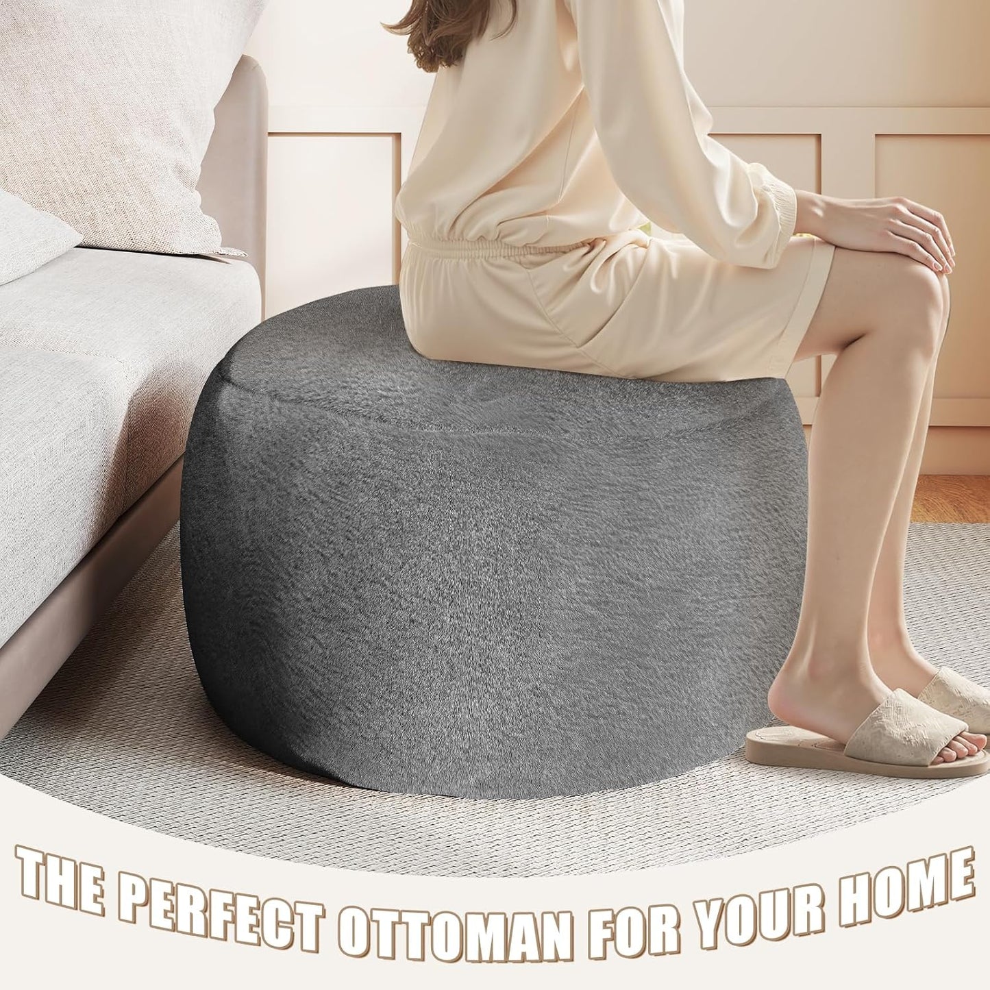 Round Pouf Ottoman Foot Rest, 29 X 18Inch Floor Poufs Footstool, a round Modern Foam Filled Foot Stool for Living Room, Home, Nursery, Dorm (Grey, 29Inch)