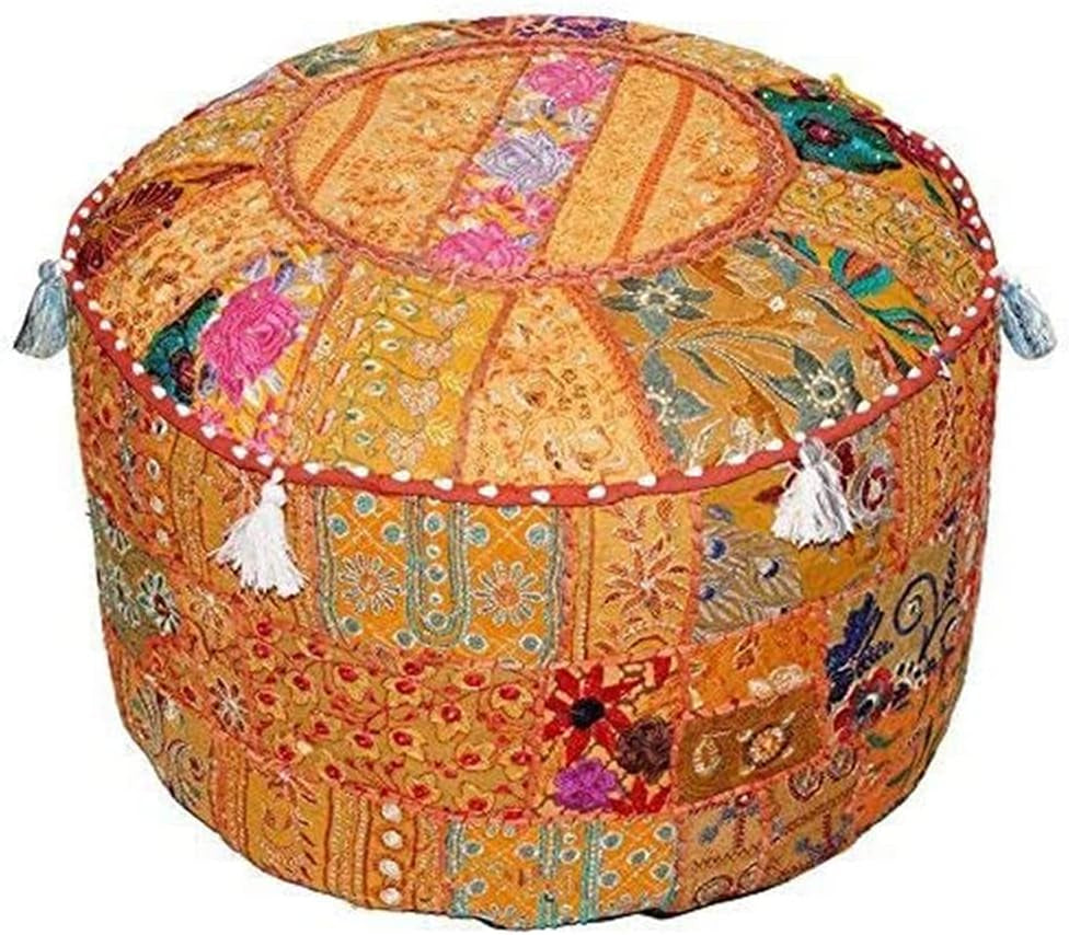 Indian Pouf Footstool Ethnic Embroidered Pouf Cover, Indian Cotton round Pouffe Ottoman Pouf Cover Pillow Ethnic Decor Art - Cover Only (Orange, 22X14)