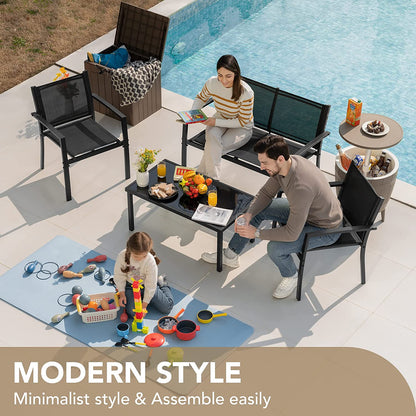 Outdoor Furniture Set 4 Piece Patio Conversation Sets Porch Furniture with Lawn Chairs & Glass Coffee Table for Garden Poolside (Black)