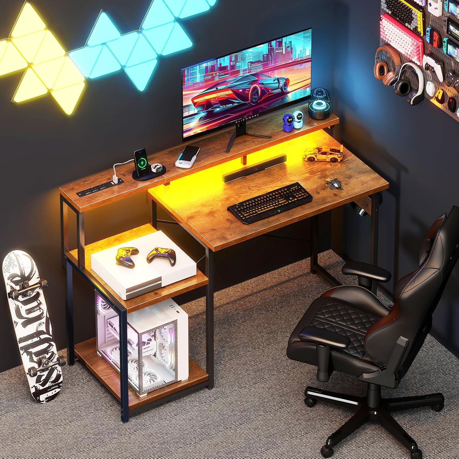 Computer Desk, 48 Inch Gaming Desk with Led Lights & Power Outlet, Office Desk with Storage Shelves, Reversible Desk with Monitor Shelf & Headphone Hook, Grey Oak